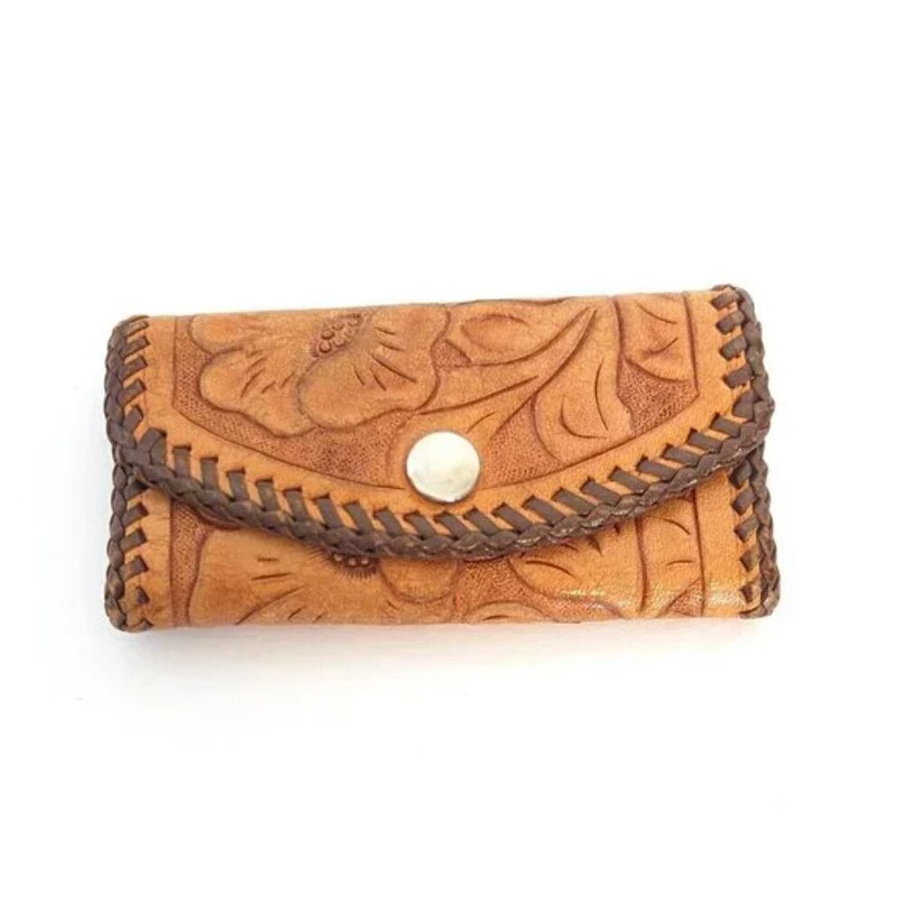 Vintage Tooled Leather Embossed Key Case Wallet Tri Fold Boho Floral Western